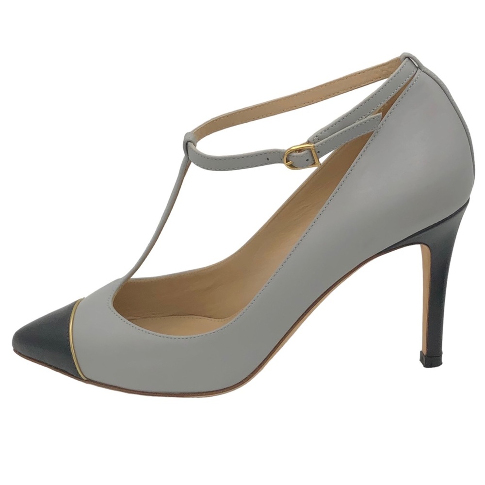 J. Crew Made in Italy Everly Cap Toe T-Strap Stiletto High Heels Gray Black 7